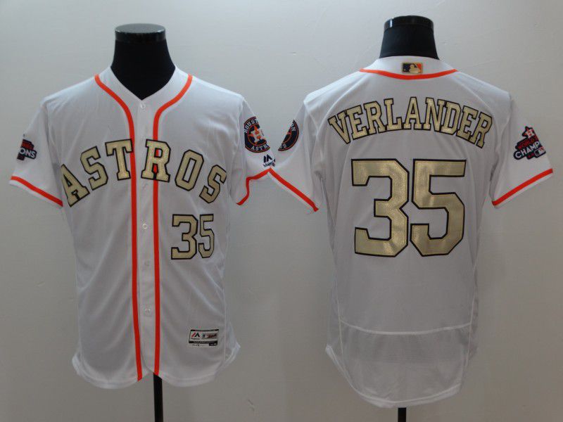Men Houston Astros #35 Verlander White Gold version Elite MLB Jerseys